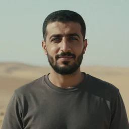 real life photo of a Syrian man, short dark hair, goatee and moustache, blue watery eyes, full round face, short smile, serene desert setting, cinematic lightning, medium shot, mid-shot, highly detailed, photorealistic, 80mm, 85mm, cinematic wallpaper
