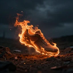 a simplistic logo of a shoe moving on fire, dramatic
