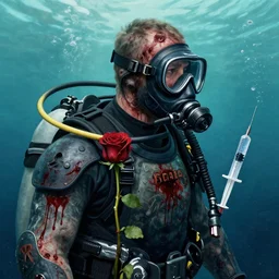 portrait of an armoured diver man wearing oxygen mask, has blood, rose, a pistol and a syringe needle with sea background intricate details with horror side profile by Sandra Chevrier