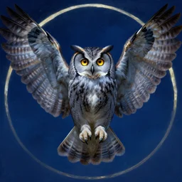 digital painting, alphonse mucha, portrait of a gray owl attacking with spreaded wings, illustration, art by artgerm and greg rutkowski, sharp focus, symmetrical, artstation, bright golden eyes in the night, concept art, album cover art, cgsociety, cinematic lighting, blue night lighting, highly detailed