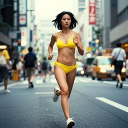 fine art photograph of a woman running through the streets of tokyo in a yellow bikini, in the style of Bladerunner