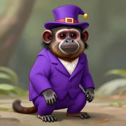digital illustration of a distinguised emperor tamarin monkey wearing a purple suit and a silly hat, deviantArt, artstation, artstation hq, hd, 4k resolution