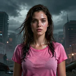 epic portrait cinematic shot an beautiful female survivor wearing pink t shirt, shiny skin, wet flowing hair, apocalyptic city backround, cloudy, fine details. night setting. realistic shaded lighting poster by craig mullism, artgerm, jeremy lipkin and michael garmash, unreal engine, radiant light, detailed and intricate environment, digital art, trending on art station,