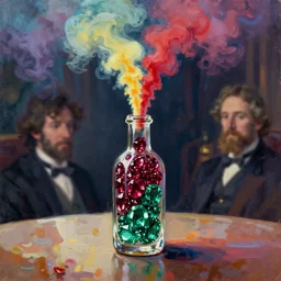 bottle, colored smoke, colored smoke rises from bottle, rubies, emeralds, table, greg rutkowski, john singer sargent, anime, trending on artstation, oil painting, intricate