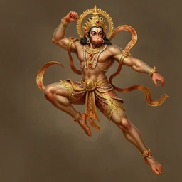award winning full body portrait of a beautiful ornated hanuman god, horizontally leaping!!!, legs stretched!!! intricate, elegant, highly detailed, digital painting, artstation, concept art, smooth, sharp focus, digital illustration, art by krenz cushart and artem demura and alphonse mucha