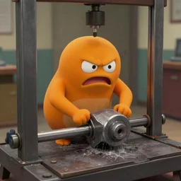 The annoying orange being crushed under a hydraulic press