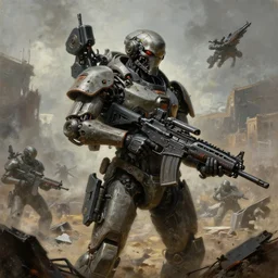 grim oil portrait painting of weaponized high technology, army on battlefield of la, destruction, weapons and crafts, futuristic dangerous weapons, realistic shaded lighting, octane rendering, wallpaper, magali villeneuve, trending on artstation