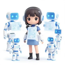 anthropomorphic connected automated social bot network, blueprint, cute anime girl