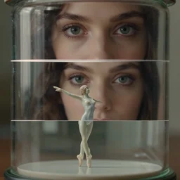beautiful three point perspective film still of holly herndon dance scene in merce cunningham, extreme closeup portrait in style of frontiers in blade runner miniature photography fashion architectural art studio seinen manga edition, real - life porcelain fairy statue in glass jar, eye contact, anatomically correct, pointe pose, tilt shift background, soft lighting, kodak portra 4 0 0, 8 k, macro, cinematic style by emmanuel lubezki
