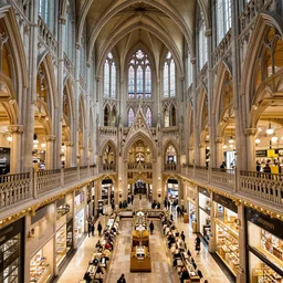 shopping mall in the style of a gothic cathedral, stores can be seen, food court