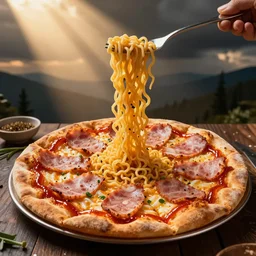ramen noodle and ham pizza with pepto bismol sauce.