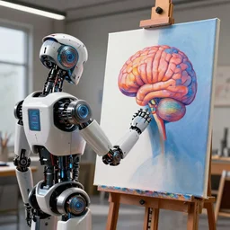 photorealistic illustration of a sci - fi robot painting a colorful picture of a human brain on a canvas in a modern artist studio, unreal engine