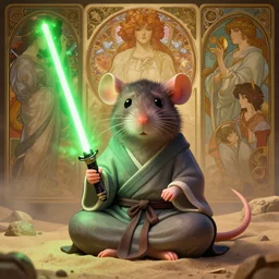 highly detailed portrait of a cute rat wearing robes, meditating in the sand, green lightsaber floating, stephen bliss, unreal engine, fantasy art by greg rutkowski, loish, rhads, ferdinand knab, makoto shinkai and lois van baarle, ilya kuvshinov, rossdraws, tom bagshaw, alphonse mucha, global illumination, radiant light, detailed and intricate environment