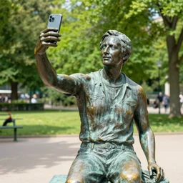 photo still of a bronze statue of a person using an iphone to take a selfie, park on a bright sunny day, 8 k 8 5 mm f 1 6 1 1 0 2