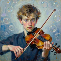 portrait of a young violinist focusing with violin, painted by vincent lefevre and hernan bas and pat steir and hilma af klint, psychological, symmetrical face, dripping paint, washy brush, background with hundreds of bubbles of memories by andreas gursky, rendered in octane, altermodern, masterpiece