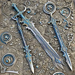Glaive, 3D render, fantasy weapon, long, sharp, intricate fantasy detailing, ((tinted blue))
