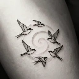 a simple tattoo design of birds flying in a simple spiral, ink, line art