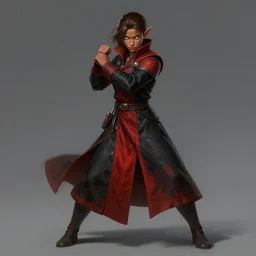 beautiful teenager female half elf monk, full body black and red longcoat, fist training, detailed face, brown hair, short ponytail, golden eyes, brown skin, high fantasy, extremely detailed, matte painting, by michael komarck, mtg art