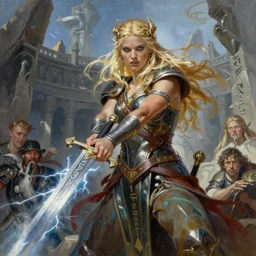 A mixed media painting of the beautiful blonde viking goddess of war with a lightning sword, very aesthetic, detailed face, by Frank Frazetta, Greg Rutkowski, Boris Vallejo, Beeple, Christian MacNevin, epic fantasy character art, goddess of anger, viking runes, high fantasy, CGsociety, full length, exquisite detail, post-processing, low angle, masterpiece, cinematic, odin's stone arena background