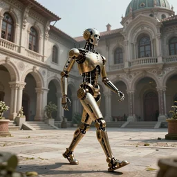 an biomechanical palace guard made of machine parts walking through the steampunk byzantine courtyard by anders zorn, wonderful, mandelbulb 3 d buildings, fractal designs, dynamic, masterpiece by greg rutkowski, hyperrealism, beautiful cinematic light, by greg manchess, jessica rossier