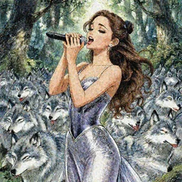 Ariana Grande leading an army of wolves through the forest with her singing, manga, highly detailed, beauty, art by Takehiko Inoue, Artgerm, intricate, elegant, J. C. Leyendecker