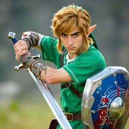 Timothee Chalamet as Link from Legend of Zelda, elf ears, +++ super super super dynamic posing, j.c. leyendecker, Valentina Remenar, thick eyebrows, super serious facial expression, holding a sword & shield, ocarina of time