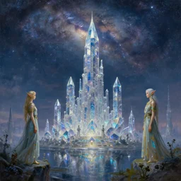 a futaristic crystal city with elves. the milky way is in the sky. highley detailed oil painting