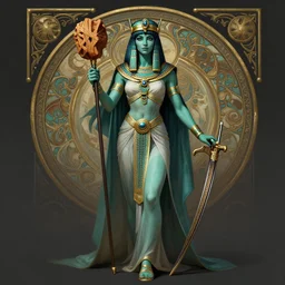 beautiful sorceress female with teal skin, full body shot, long hair, egyptian clothing, with a wooden stuff and a crossbow, d & d, fantasy, intricate, elegant, highly detailed, digital painting, artstation, concept art, matte, sharp focus, illustration, hearthstone, art by artgerm and greg rutkowski and alphonse mucha