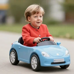 angela merkel riding in a little toy car