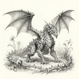 dragon made of thorns and plants, fantasy illustration, dnd manual, pencil drawing