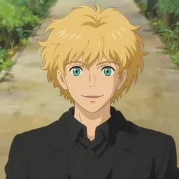 young man with medium - length, curly, golden hair, perfectly proportioned face, aquamarine eyes, sweet smile, wearing a black suit, natural lighting, path traced, highly detailed, high quality, animation art, digital painting, by new haicheng and studio ghibli