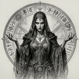robed female necromancer drawing a circle around herself, highly detailed face, magick, technology, sigils, rutkowski,