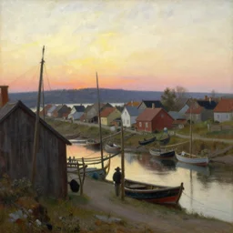 oil painting of fishing village in dawn by anders zorn, wonderful art by greg rutkowski, incredible lighting, shadows, beautiful cinematic light, american romanticism by greg manchess, very bright and optimistic