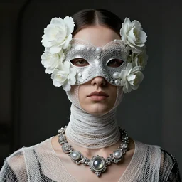 a futuristic portrait by mask made of wires and and plastic flowers, necklace made by white nets twisted around neck, design by leonardo davinci, inspired by egon schiele, modern art, baroque art jewelry, new classic, fashion design, photorealistic, hyper realistic, cinematic composition, cinematic lighting, fashion design, concept art, 8 k