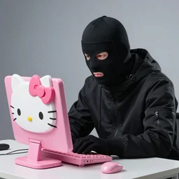 Stock photo of a human burglar wearing a ski mask hacking into a pink Hello Kitty computer, funny, bizzare