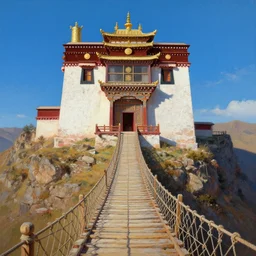 stunning landscape of clear azure sky, tibetan temple on the top of a mountain with a woooden and rope bridge arriving to their main door, intricate details, digital art by rob gonsalves, oil on canvas by ivan shishkin