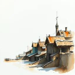 small centered on white watercolor paper, paint brush strokes, abstract watercolor painting of western viking town, midday sharp light, dust, cinematic light, american romanticism by hans dahl, by jesper ejsing, by anders zorn, by greg rutkowski, by greg manchess, by tyler edlin