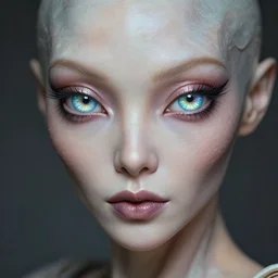 photograph portrait of a beautiful alien, feminine, iridescent eyes, intricate detail, sigma 85mm f/1.4, 4k, depth of field