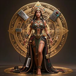 a centered render of an alluring mystical tribal goddess adorned with cables and synthesizer parts is surrounded by sacred geometry, full body, gorgeous face, perfect face, powerful, cinematic, beautifully lit, by artgerm, 3 d, trending on artstation, octane render, 8 k