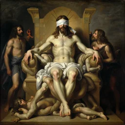 jesus christ wearing blindfold!!!!! sitting on a huge!!!! throne of entwined bodies, elegant, ominous, highly detailed painting by goya!!! phil hale!! gaston bussiere, craig mullins, j. c. leyendecker, 8 k, mid shot