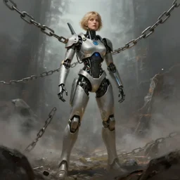 Dolores Abernathy breaking free of the chains of humanity, robot revolution, apocalypse, highly detailed, digital painting, artstation, cgscoiety, cinematic, full body portrait, concept art, 8K, art by George Lukas.