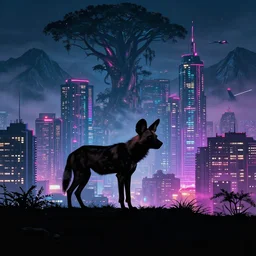 an african wild dog, silhouette against a cyberpunk cityscape, neon, mountains, mist, giant trees, tower blocks, clubs, aircraft, by paul lehr