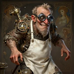crazy inventor, sweaty, white dity apron, goggles, insane, intricate, highly detailed, digital painting, artstation, concept art, smooth, sharp focus, illustration, Unreal Engine 5, 8K, art by artgerm and greg rutkowski and alphonse mucha