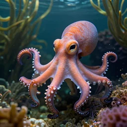 dramatic and happy octopus swimming in a garden under the sea in the shade. trending on cgsociety, happy atmosphere, natural volumetric lighting, exaggerated detailed, 2 5 mm lens,