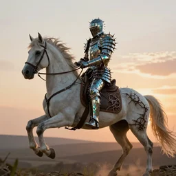 knight wearing armor made of thorns and glass rides a white unicorn into the sunset, concept art, masterpiece, cinematic light