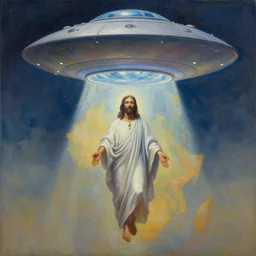 a hovering UFO over an African Jesus ,painting by Hsiao-Ron Cheng,
