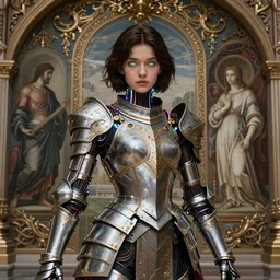 the young cyborg girl, piercing glowing eyes, fashion ornate royal armor, striking composition, highly detailed ornate sci fi background, vogue poses, striking composition, vivid details, wires, glowing tubes, beautiful composition, mural in the style of sandro botticelli, caravaggio, albrecth durer, 8k
