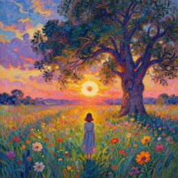 flower face, girl standing in flower field, surreal photography, big trees, sunrise dramatic light, impressionist painting, colorful clouds, digital painting, pointillism, artstation, simon stalenhag