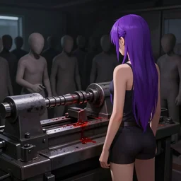 dark tone backward portrait, the only bright color is the purple haired woman standing on the right side, in the background was a lathe with blood stains for processing parts, women are surrounded by a lot of faceless, simple - dressed laborers. artstation trending in 4 k
