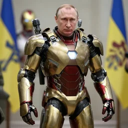 vladimir putin wearing a military exoskeleton, iron man, ukraine
